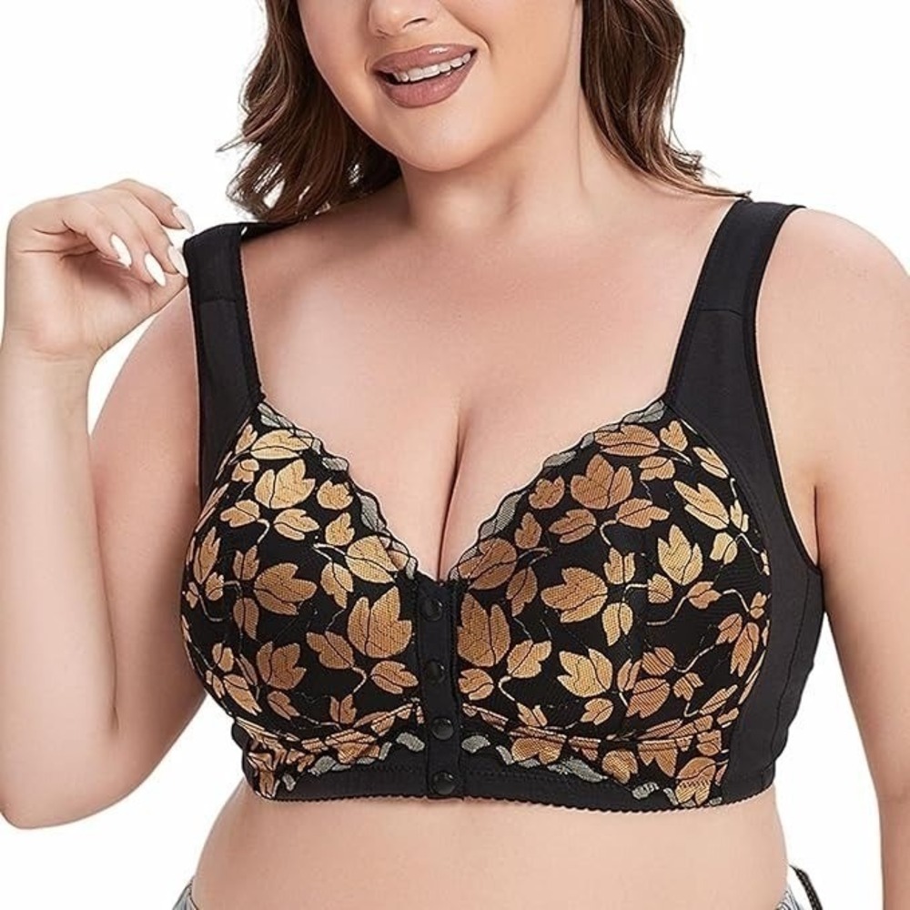 Plus Size 34B Front Closure Bra Leaf Print t-shirt Full Coverage Comfort